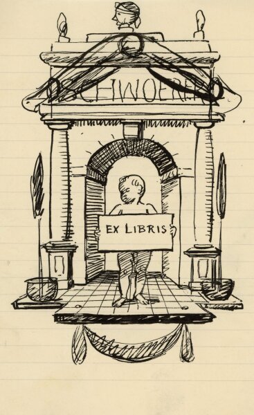 unbekannt - Ex Libris Entwurf mit Engel und Tor - o.J. - Tuschezeichnung