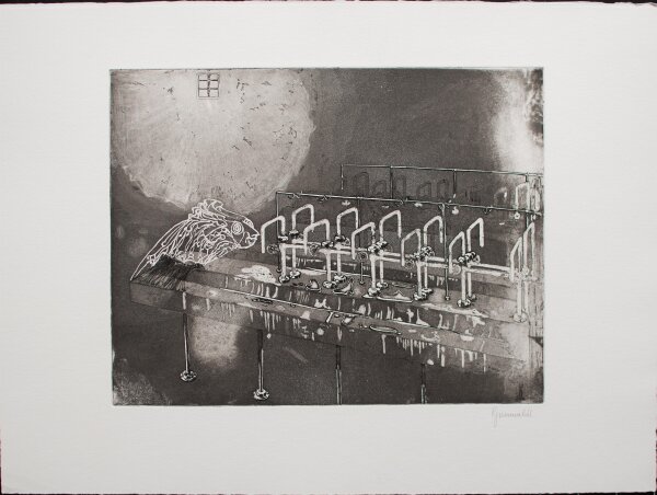 Herbert Grunwaldt - Böse Überraschung im Waschraum einer Jugendherberge - 1966 - Radierung