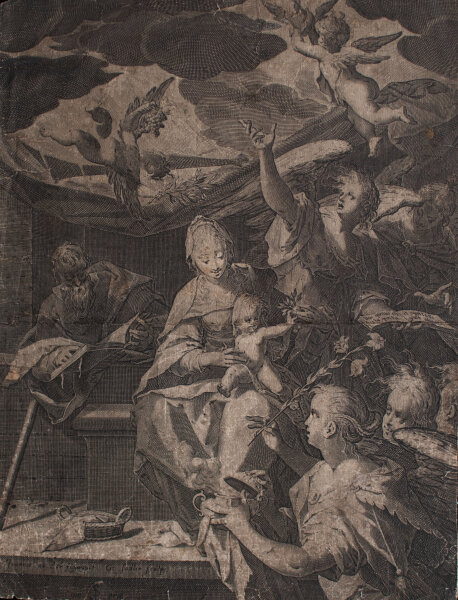 signiert G. Sadler nach Joannes ak Ach - Sitzende Madonna mit verehrenden Engelsscharen - o.J. - Kupferstich