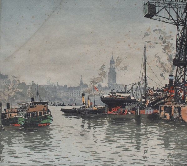 Hans Figura - Hamburger Hafen mit dem Michel - o.J. - Farbradierung