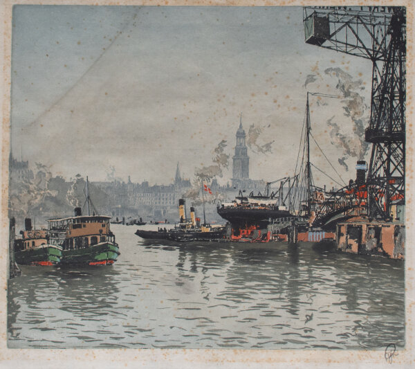 Hans Figura - Hamburger Hafen mit dem Michel - o.J. - Farbradierung
