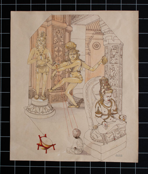 Helmuth Stockmann - Illustration mit Göttern der indischen Mythologie - o.J. - Tusche / Aquarell