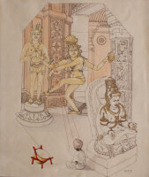 Helmuth Stockmann - Illustration mit Göttern der indischen Mythologie - o.J. - Tusche / Aquarell