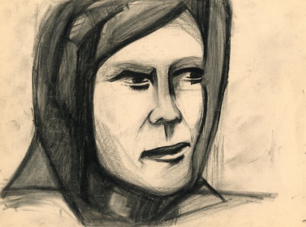 Witt Pfeiffer - Frau mit Kopftuch - o.J. - Kohlezeichnung