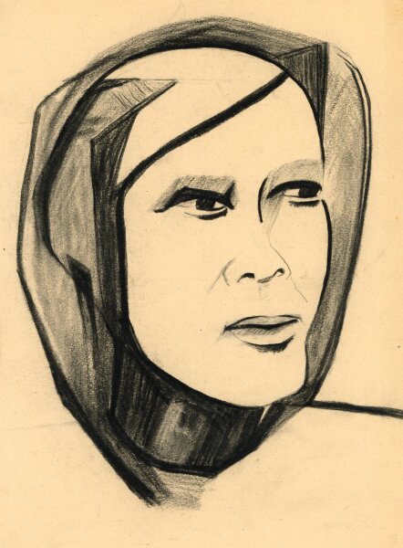 Witt Pfeiffer - Frau mit Kopftuch - o.J. - Kohlezeichnung