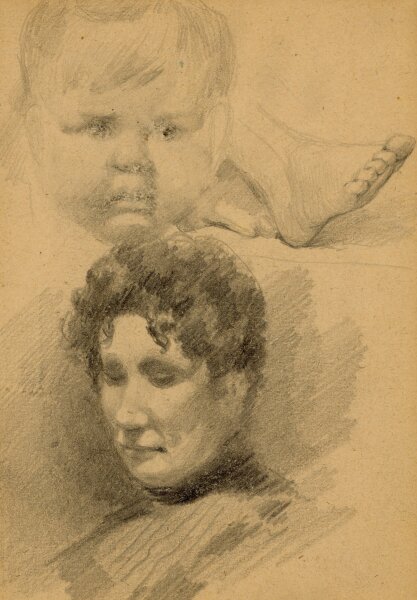 unbekannt - Weibliches Portrait, Baby und Fuß - o.J. - Bleistiftzeichnung