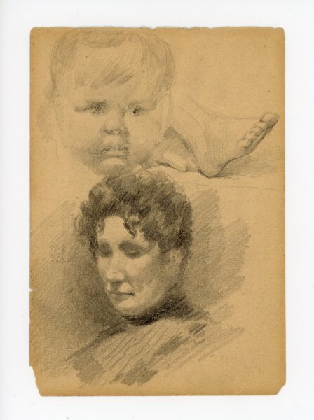 unbekannt - Weibliches Portrait, Baby und Fuß - o.J. - Bleistiftzeichnung
