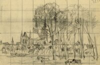 unbekannt - Skizze Dorfansicht mit Bäumen - o.J. -...