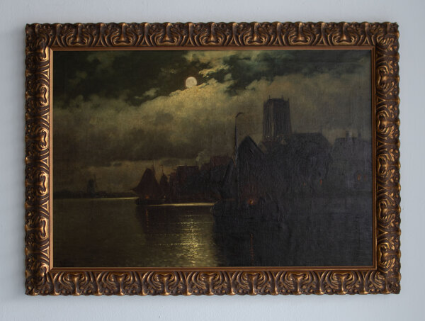 Signiert C. Büttler - Niederländische Stadtsilhouette bei Mondschein - o.J. - Öl auf Leinwand