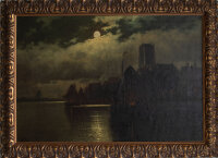Signiert C. Büttler - Niederländische Stadtsilhouette bei Mondschein - o.J. - Öl auf Leinwand