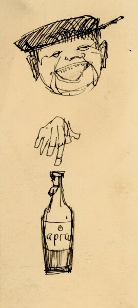 unbekannt - Männerkof mit Schiebermütze und Flasche - o.J. - Tuschezeichnung