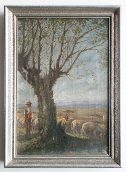 unleserlich signiert - Schäfer mit Herde - o.J. - Öl auf Leinwand