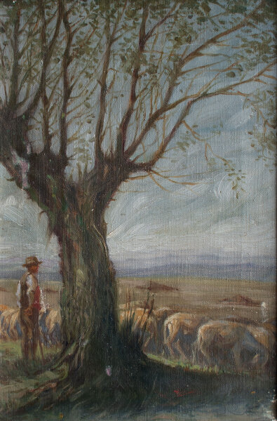 unleserlich signiert - Schäfer mit Herde - o.J. - Öl auf Leinwand
