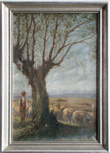 unleserlich signiert - Schäfer mit Herde - o.J. - Öl auf Leinwand