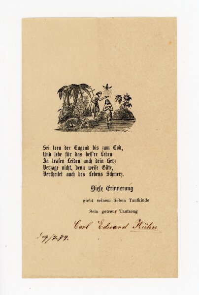 unbekannt - Taufszenerie mit Spruch - o.J. - Holzstich