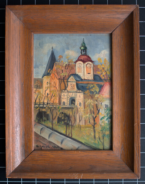 süddeutsch - Stadtansicht mit Kirche - 1941 - Öl auf Holz