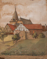 unbekannt - Dorfansicht mit Kirche - o.J. - Aquarell