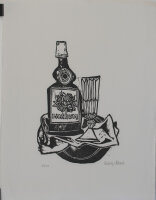 Ludwig Scharl - Fourroses-Whiskyflasche mit Glas - o.J. - Holzschnitt auf geripptem Bütten mit Prägestempel des Graphikkreises der neuen Münchner Galerie.
