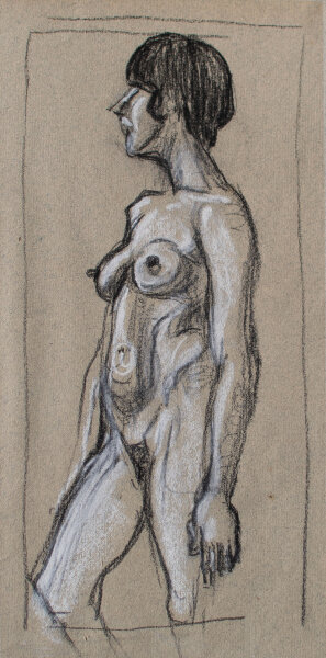 Wilhelm Schläger - Weiblicher Akt - o.J. - Kohle auf grau-grünem Papier, weiß gehöht