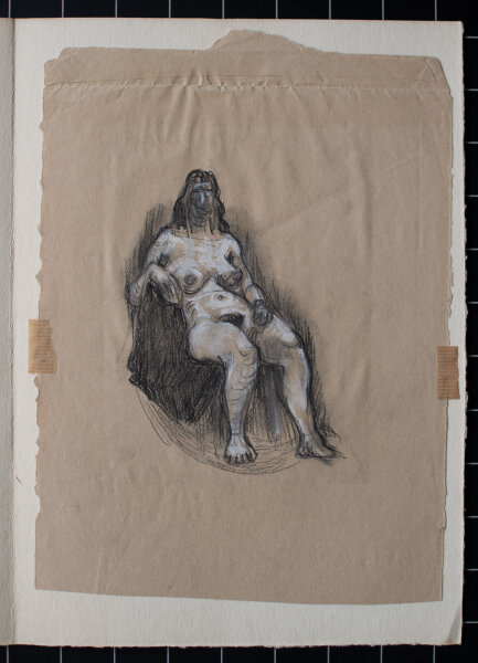 Wilhelm Schläger - Weiblicher Akt - o.J. - Kohle auf braunem Papier, weiß gehöht