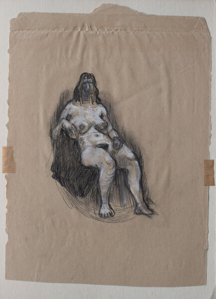 Wilhelm Schläger - Weiblicher Akt - o.J. - Kohle auf braunem Papier, weiß gehöht