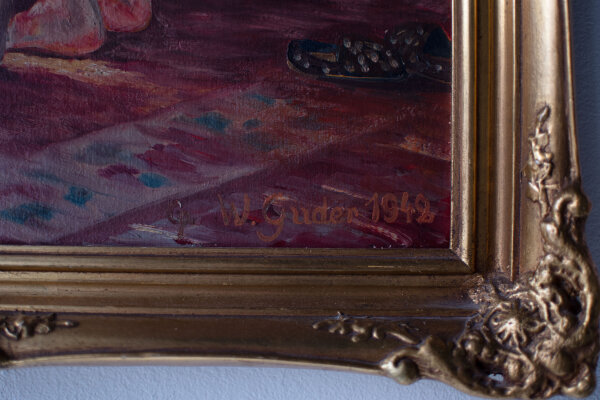 W. Guder - Kinder am Kamin - 1942 - Öl auf Malpappe