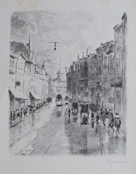 unbekannt - Belebte Straßenszenerie im Regen - o. J. - Lithographie