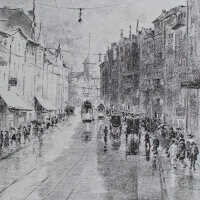 unbekannt - Belebte Straßenszenerie im Regen - o....