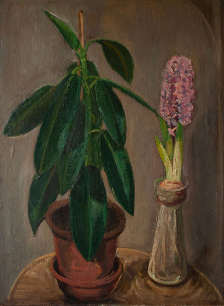 Ernst Dietsch? - Stillleben mit Hyazinthe und Grünpflanze - o.J. - Öl auf Leinwand, auf Hartfaser aufgezogen