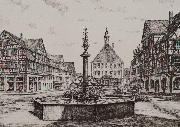 Ehrenfeld - Schorndorf, Marktplatz mit Rathaus - o.J. - Radierung