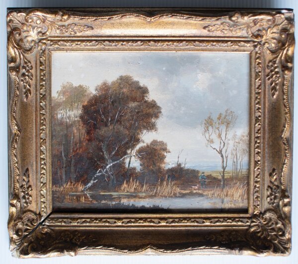 Erich Demmin - Flußlandschaft mit Jäger - o.J. - Öl auf Holz