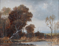 Erich Demmin - Flußlandschaft mit Jäger - o.J. - Öl auf Holz