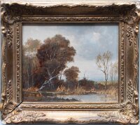 Erich Demmin - Flußlandschaft mit Jäger - o.J. - Öl auf Holz