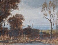 Erich Demmin - Flußlandschaft mit Jäger - o.J. - Öl auf Holz