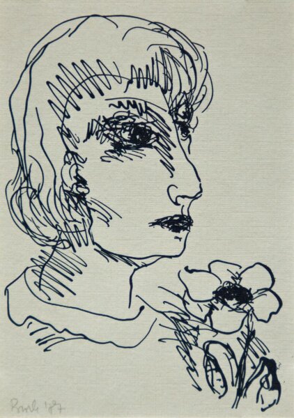 Regina Buch - Frauenporträt mit Blumen - 1987 - Algrafie