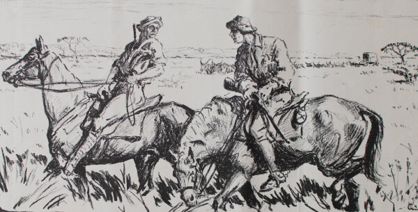 unbekannt - Reiter mit Pferden - undatiert - Lithografie