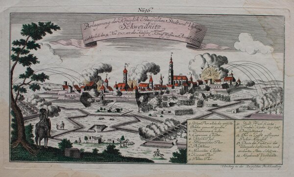 unbekannt - Belagerung der Königlich Preussischen Stadt und Vestung Schweidnitz - o.J. - Kupferstich in altem Kolorit