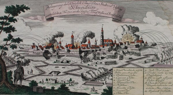 unbekannt - Belagerung der Königlich Preussischen Stadt und Vestung Schweidnitz - o.J. - Kupferstich in altem Kolorit