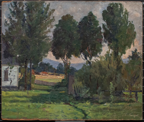 Gerda von Freymann-Knispel - Hof in der Landschaft - o.J. - Öl auf Leinwand, auf Pappe aufgezogen