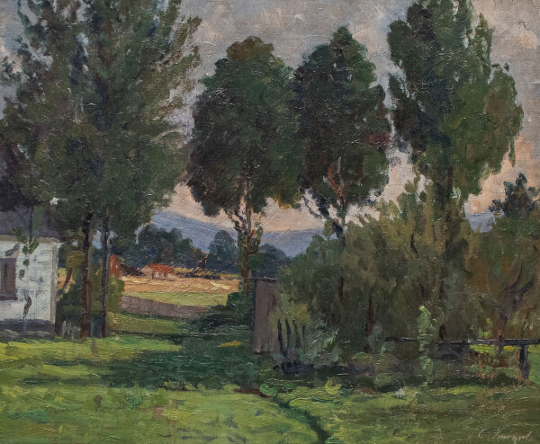 Gerda von Freymann-Knispel - Hof in der Landschaft - o.J. - Öl auf Leinwand, auf Pappe aufgezogen