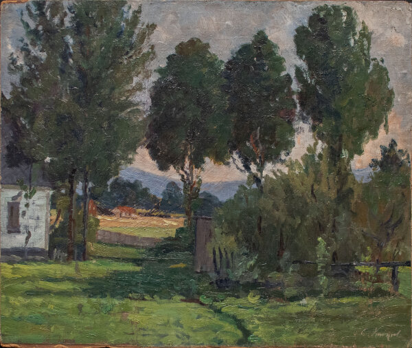 Gerda von Freymann-Knispel - Hof in der Landschaft - o.J. - Öl auf Leinwand, auf Pappe aufgezogen