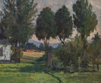 Gerda von Freymann-Knispel - Hof in der Landschaft - o.J. - Öl auf Leinwand, auf Pappe aufgezogen