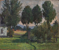 Gerda von Freymann-Knispel - Hof in der Landschaft - o.J. - Öl auf Leinwand, auf Pappe aufgezogen