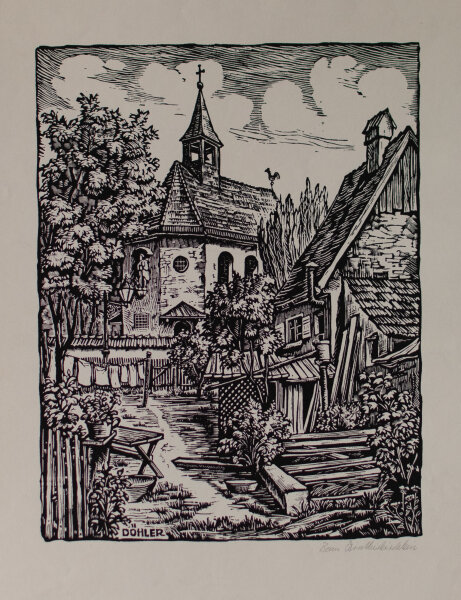 Willi Döhler - Beim Winterkirchlein - o.J. - Holzschnitt