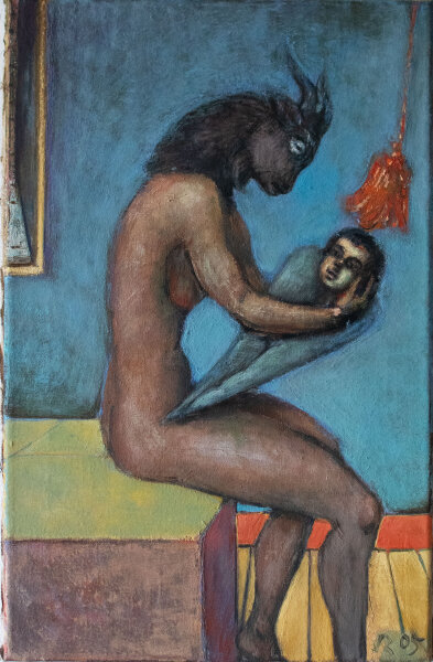 Rolf Walter - Fantastischer Frauenakt mit Engel - 2005 - Öl auf Leinwand