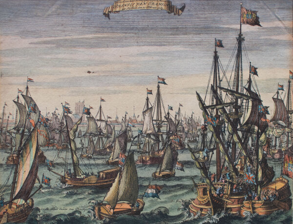 Carel Allard - Abfahrt der Königlichen Hohen von Oranien aus Holland 1639 - 1992 - Kupferstich, coloriert