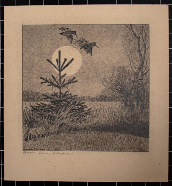 Eugen Osswald - Rebhühner im Flug - undatiert - lavierte Bleistiftzeichnung auf Malkarton