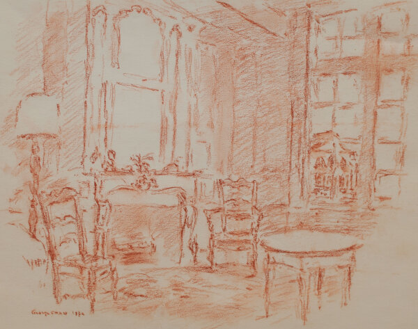 George Chan - Interieur (Chez Madame Denise, Chartres) - 1974 - Rötelzeichnung auf Malkarton