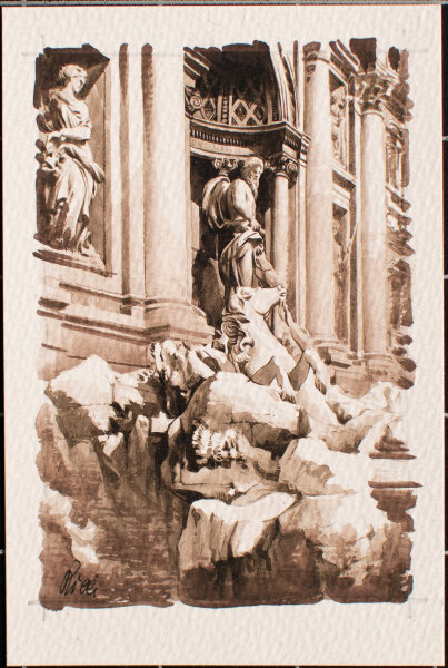 unleserlich signiert - Trevi-Brunnen, Rom - undatiert - Aquarell