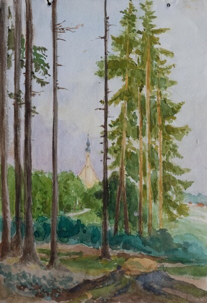unbekannt - Waldlandschaft mit Kirche - 1899 - Aquarell